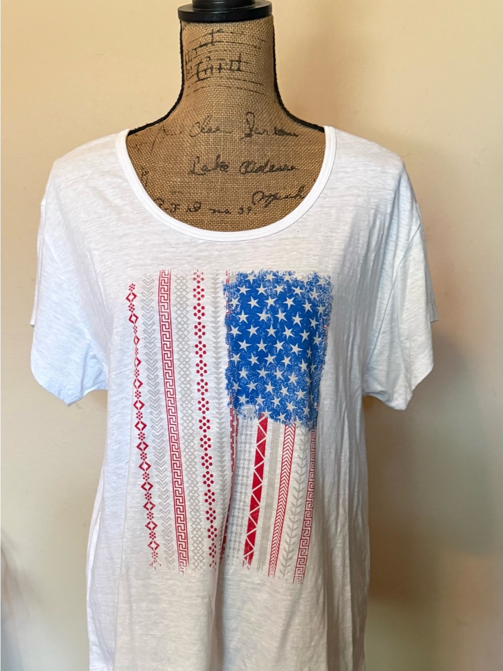 Blue 84 White Short Sleeve Tee with Red & Blue Flag Graphic